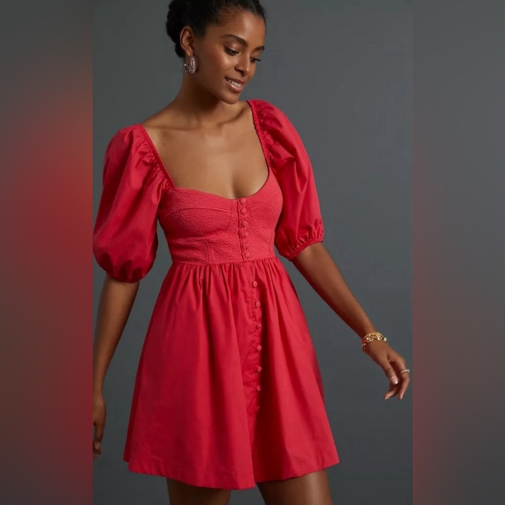 Anthropologie Maeve sweetheart puff sleeve mini dress red XS